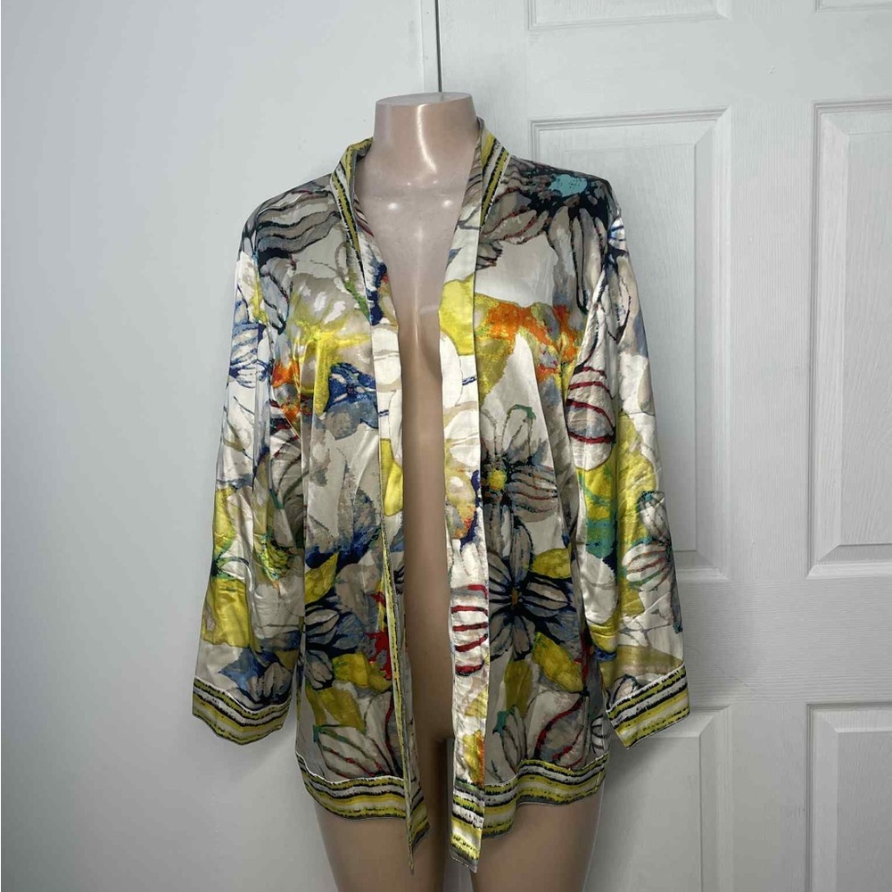 Chico's Striped Floral Kimono in Yellow and Blue